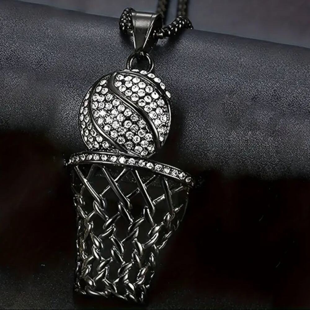 Basketball Necklace Black with Rhinestones 24” Chain - Picture 4 of 5